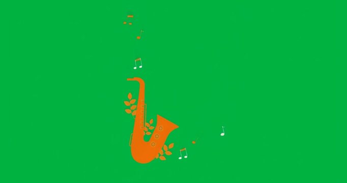 Musical design with stylized orange saxophone floating over transparent layer, leaf icons and notes