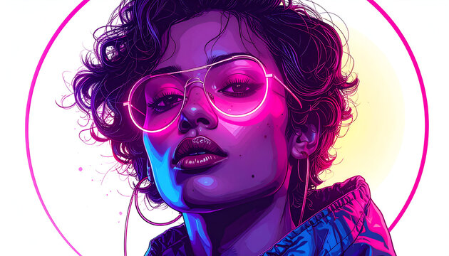 Vibrant Neon Portrait of a Woman with Pink Sunglasses and Curly Hair.
