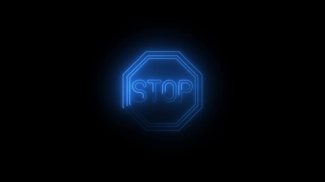 Warning, stop or alert neon sign animation. Danger, no entry, forbidden, blue circle, stop, wrong, International prohibition mark, traffic sign line symbol icon video on black background.