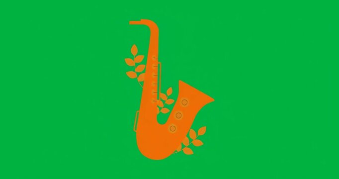 Orange saxophone dancing on transparent backdrop with leaf clusters and blue pixels for music tech