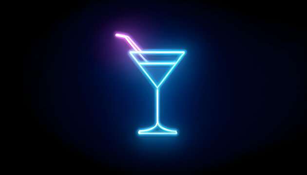 Neon martini icon animation, slow blink. Glowing neon cocktail sign, looped slow flashing animation. Night cocktail, martini glass, alcohol bar, drinks menu, summer party