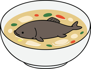 A bowl of creamy soup with a whole fish floating inside, colorful vegetables.