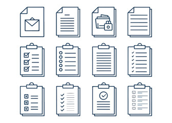 Outline Style Collection of Office Documents and Clipboards Icons for Business and Management Tasks Workflow and Organization