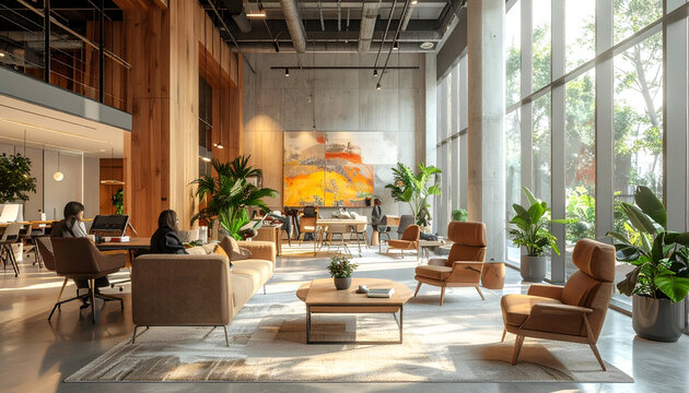 Modern hotel lobby with comfortable seating and natural light.