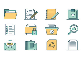 Paperwork and Organization Icon Set Vector Illustration for Business Management and Productivity Applications with Folders Documents and Stationery