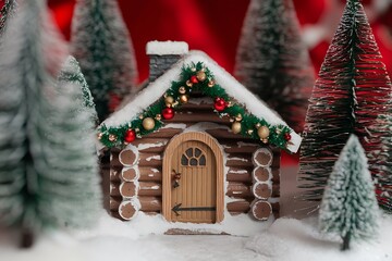 A Charming Miniature Log Cabin Decorated for the Festive Holiday Season, Nestled Amongst Snowy Evergreens