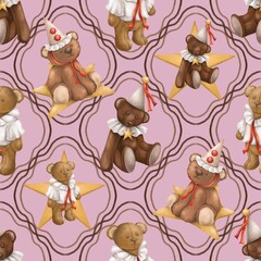 Naklejka premium Teddy Bear and Star Seamless Pattern, Cute Vintage Bear Digital Paper, Circus Clown Scrapbook 