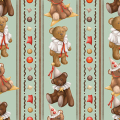 Teddy Bear and Star Seamless Pattern, Cute Vintage Bear Digital Paper, Circus Clown Scrapbook
