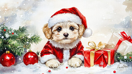 Watercolor Illustration of Festive Puppy in Santa Hat with Christmas Gifts