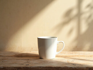 A plain white ceramic cup placed on a rustic wooden table, soft golden morning light casting long shadows across the surface, minimalist composition with negative space, photorealistic 4K.