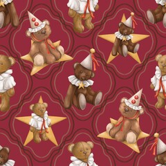 Obraz premium Teddy Bear and Star Seamless Pattern, Cute Vintage Bear Digital Paper, Circus Clown Scrapbook 