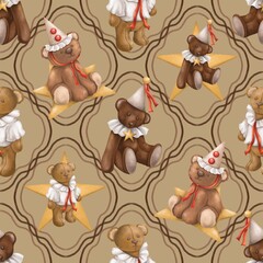 Obraz premium Teddy Bear and Star Seamless Pattern, Cute Vintage Bear Digital Paper, Circus Clown Scrapbook This teddy bear and star seamless pattern is a delightful digital design featuring vintage-style 