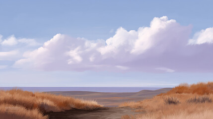 Serene landscape featuring dry grass meadow under clear blue sky with fluffy clouds. scene evokes sense of tranquility and openness, perfect for nature lovers