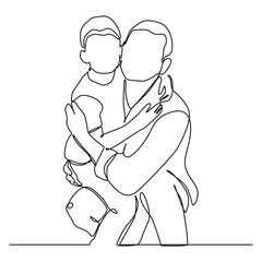 Parent with child in continuous one line art artistic style. Father's day card. Dad hugs his child.
