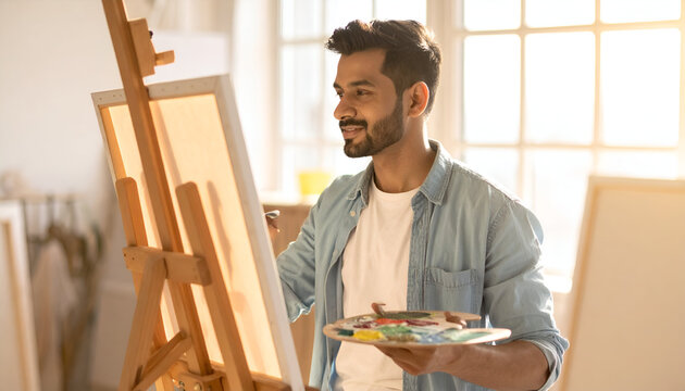 Talented bearded artist holding a palette and painting in his sunlit workspace.