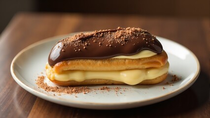 Indulging in a chocolate-covered dessert delight at a rustic cafe during the afternoon