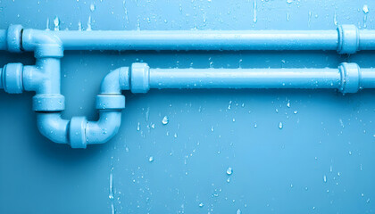 Blue background with water pipes and copy space
