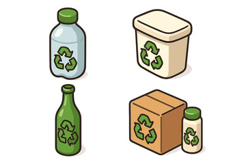 Isometric recycling icon set for sustainable packaging design. Eco friendly cartoon vector illustration of plastic bottle, glass, paper box and container for waste sorting.