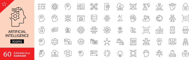 Artificial intelligence icons set. Includes symbols of machine learning, neural networks, automation, robots, data analysis, algorithms, and innovation. Editable stroke. Vector illustration.