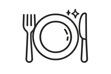 Clean dish icon with plate, fork, and knife. Vector line art of sparkling cutlery and tableware. Concept for restaurant, dinner, food service, lunch, meal, and hygiene.