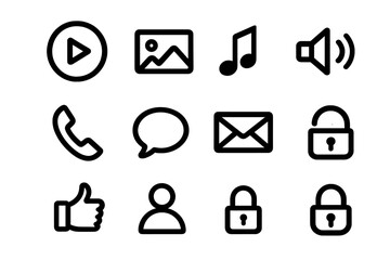Minimalist black icons set for media, communication, and security. Vector collection of web and UI symbols. Includes play, message, like, user profile, and lock icons.