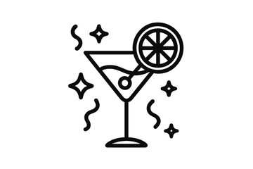 Cocktail icon for celebration, party symbol. Linear martini glass with lemon slice. Vector outline for bar menu, happy hour invitation. Festive alcohol drink illustration.