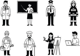  Doctor, Teacher, Police Officer, Firefighter, and Other Occupations, in Black and White Outline