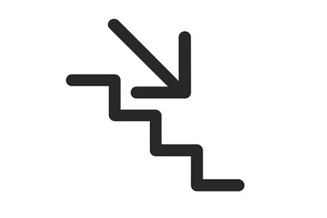 Downstairs icon with an arrow pointing down. Simple vector symbol of stairs for descent. Metaphor for decrease, failure, reduction, recession, or demotion. Linear graphic.