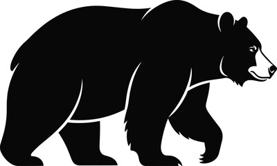 Bear silhouette walking right, powerful wild animal, black shape with claws, bold wildlife icon, nature illustration, forest creature, white background