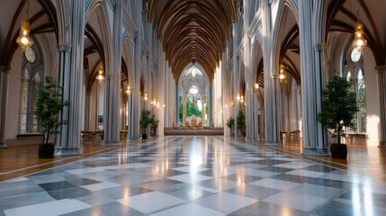 Obraz premium Stunning view of Gothic cathedral interior showcasing tall arches, elegant columns, and beautifully polished floor. serene atmosphere is enhanced by natural light filtering through windows