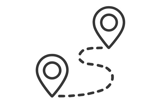 Route line icon with two location pins. From point A to B. Destination journey path. Distance track. Travel navigation symbol. Gps pointer marker. Start and finish concept.