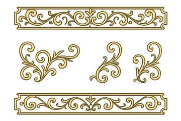 Set of golden vintage ornamental filigree elements. Vector decorative scroll corner and border divider for certificate, diploma or invitation. Classic baroque luxury design.