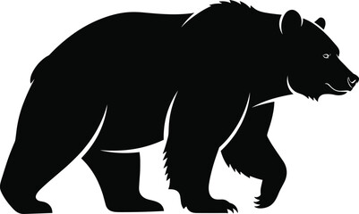 Bear silhouette walking right, detailed wild animal shape, black forest creature, strong predator icon, nature illustration, white background, side profile