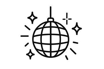 Disco ball icon. Party celebration symbol. Nightclub dance music event sign. Retro 70s mirror ball. Simple line art vector illustration. Festive shiny sparkling glitter logo.