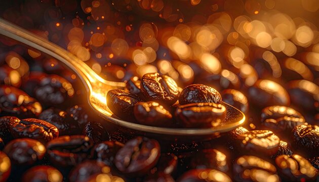 Golden Coffee Beans on Spoon Cinematic Macro Shot in Warm Tones with Ultra Sharp Detail and Photorealistic Render Quality