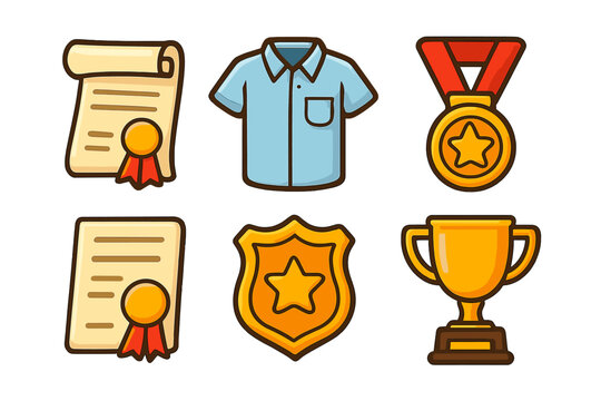 Achievement vector icons set. Cartoon illustration of award, trophy, medal, diploma, certificate, prize, and honor badge. Symbols for winner, success, and competition.