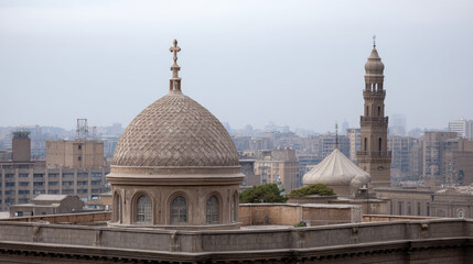 Obraz premium Stunning view of city skyline featuring prominent dome topped with cross and minaret in background, showcasing blend of architectural styles in urban setting