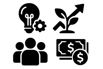 Business icon set for success. Bold glyphs for innovation, teamwork, financial growth, and strategy. Vector symbols for company development, ideas, and investment.