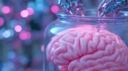 Human brain in a glass jar manipulated by robotic arms. Artificial intelligence and brain computer interface concept for future medicine.