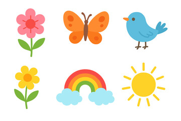 Colorful flat spring icons set. Cute cartoon vector illustrations of flower, butterfly, bird, rainbow, sun. Nature elements collection for kids design isolated.