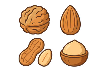 Nuts set cartoon icon. Walnut, almond, peanut, macadamia. Healthy food snack collection. Natural organic protein ingredient vector illustration. Isolated on white background.
