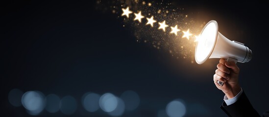 Professional hands holding a glowing elegant megaphone icon that projects 5-star ratings, symbolizing the power of positive reviews and customer testimonials.

