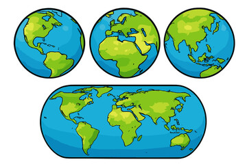 Set of colorful earth globes showing different continents with cartoon style, world map illustration, vector geography, global earth icons with transparent background, travel and education concept