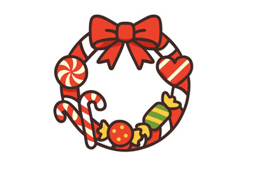 Festive Christmas candy wreath vector icon. Holiday celebration decoration made of sweet food like candy canes, lollipops and sweets. Round frame with red bow cartoon style.