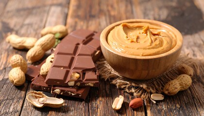 Creamy peanut butter and chocolate on a wooden table