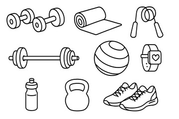 Fitness equipment icon set. Gym and home workout essentials in simple line art. Vector illustration of dumbbell, barbell, kettlebell, yoga mat, jump rope, fitball, sneakers.