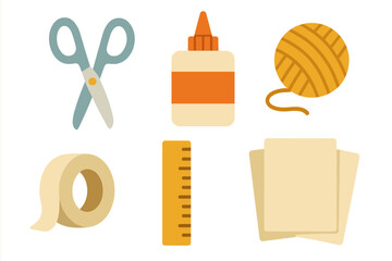 Flat design vector set of craft and school supplies. Creative hobby icons including scissors, glue, yarn, tape, ruler, and paper. DIY tools and art education elements.