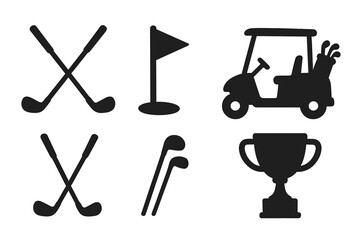 Golf equipment icon set in black silhouette style. Vector collection of golf clubs, flag, cart, and winner's trophy for sports design. Isolated on white background graphic.