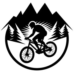 Black silhouette of mountain biker on bike with mountains and trees