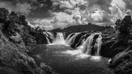 Majestic waterfall cascading over rocky cliffs into a wide river, monochrome scenic landscape